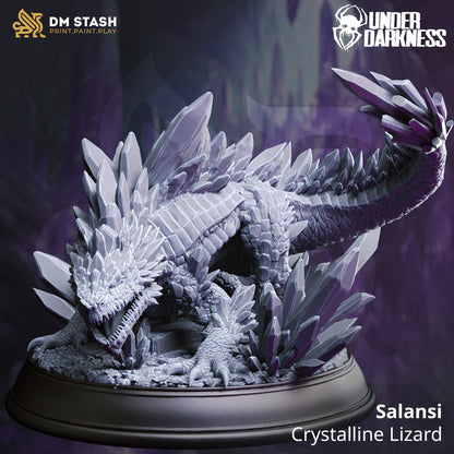 Model of a crystalline lizard with 'DM Stash' and 'Under Daarkness' branding on a dark background.