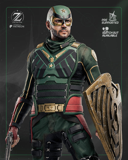 Superhero in green and gold with a dark background.