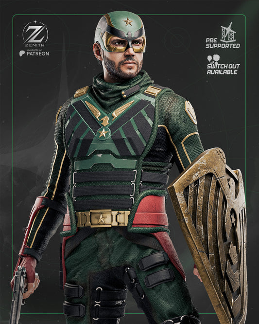 Superhero in green and gold with a dark background.