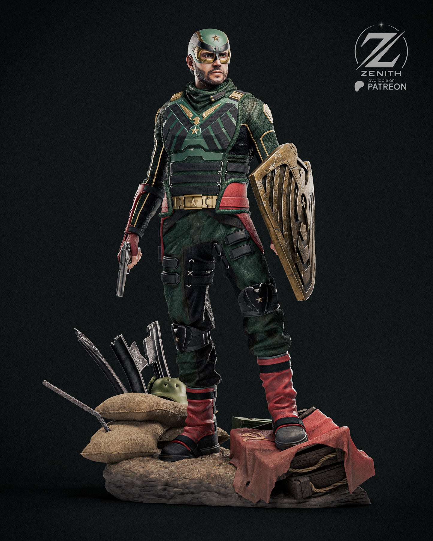 Statue of a warrior in green and red armor with a shield, holding a gun, on a dark background with 'Zenith Patreon' logo.