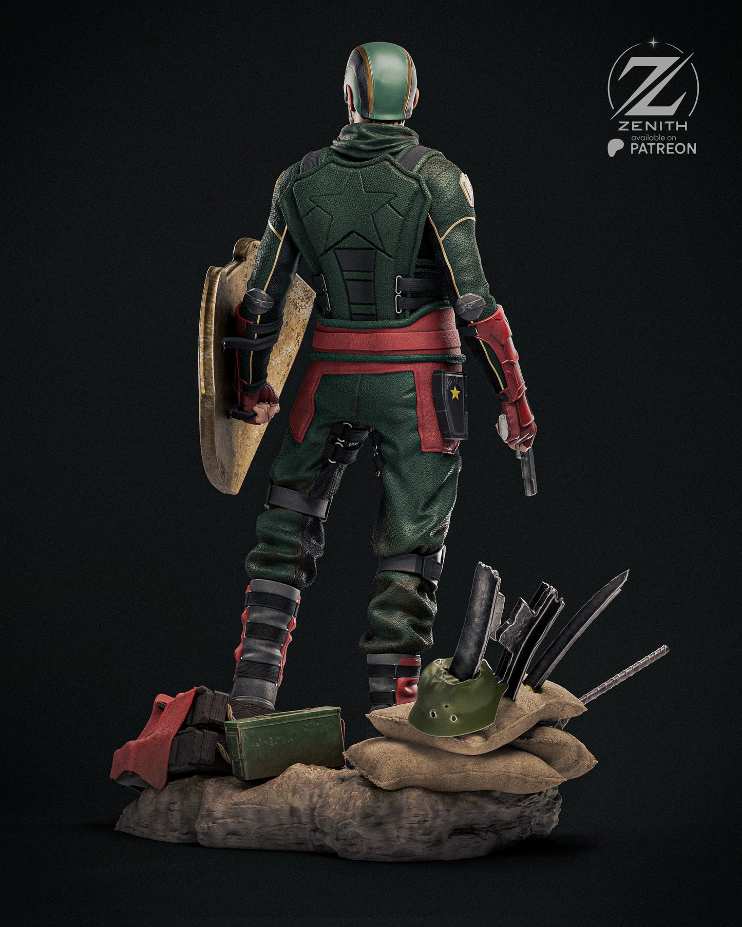 Action figure in green and red costume with weapons on a dark background, featuring 'Zenith Patreon' logo.