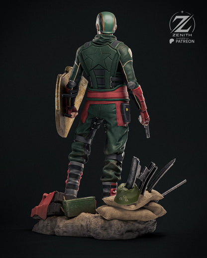 Action figure in green and red costume with weapons on a dark background, featuring 'Zenith Patreon' logo.