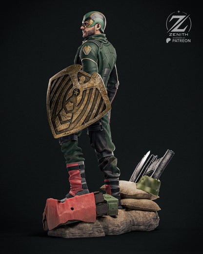 Statue of a character holding a shield with a dark background