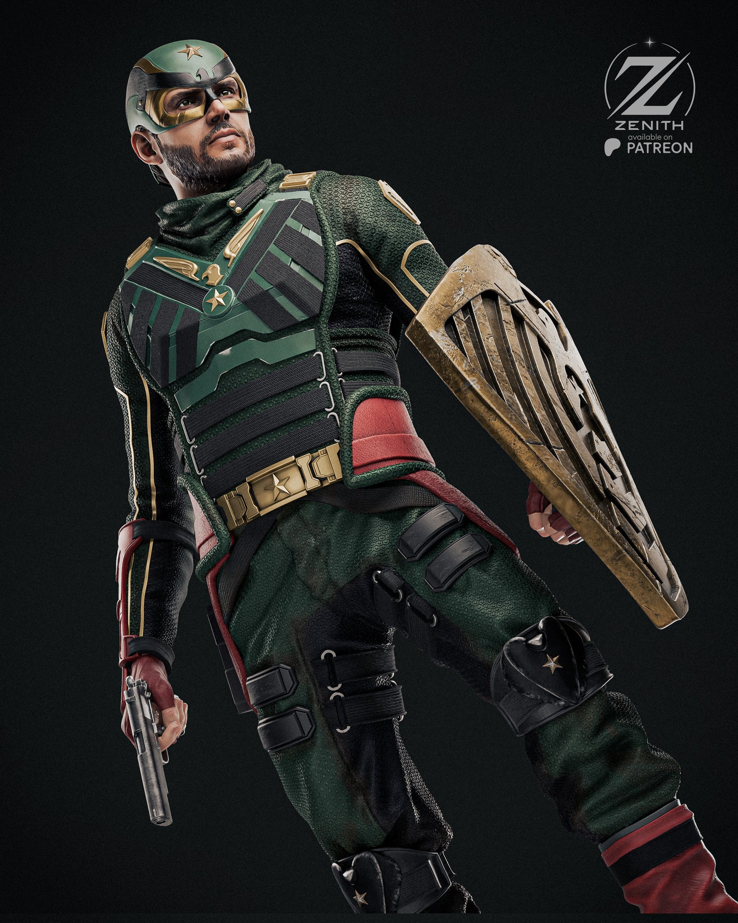 Action figure in green and red costume with shield and gun, on a black background