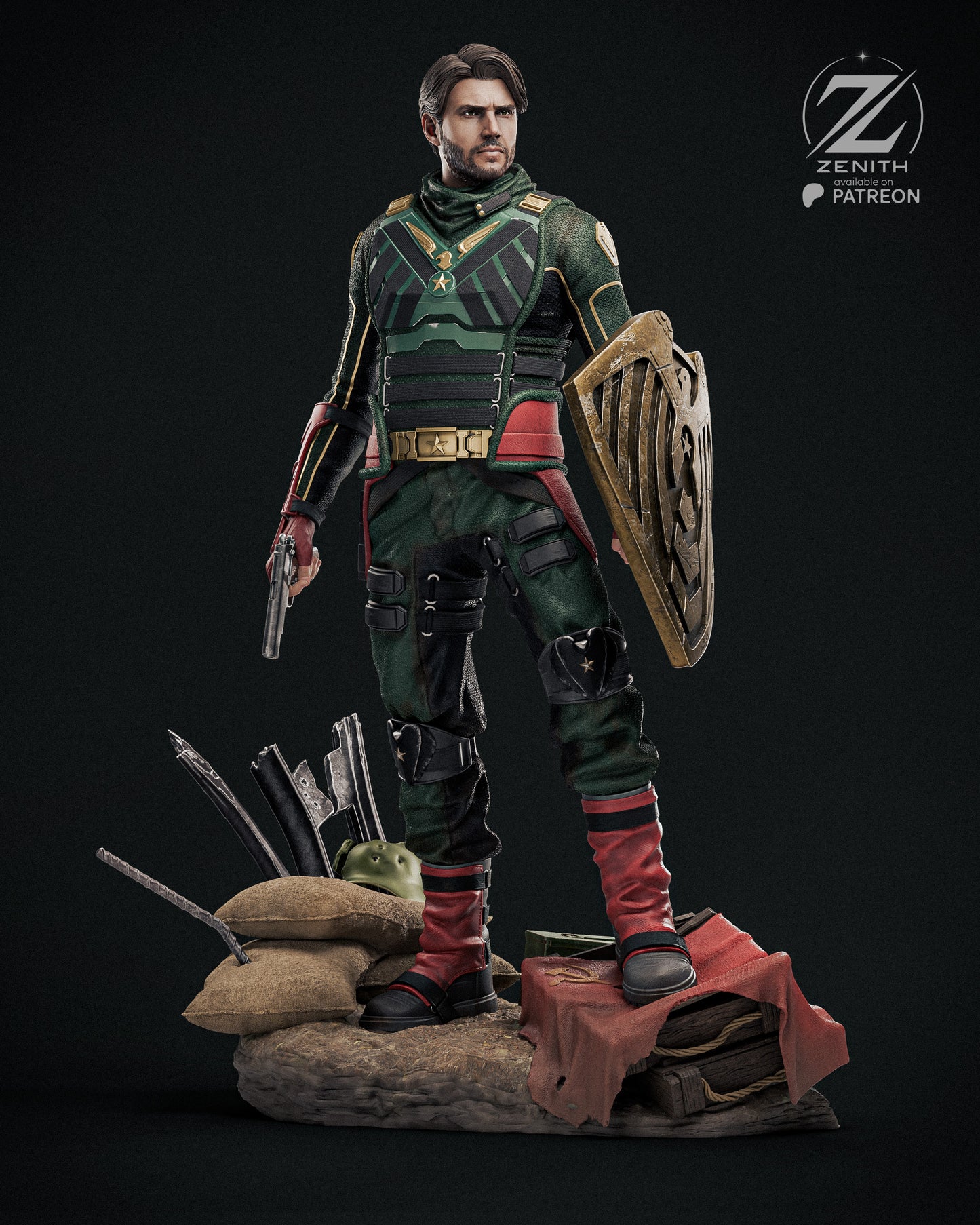 Statue of a character in green and red armor with a shield, standing on a dark background.