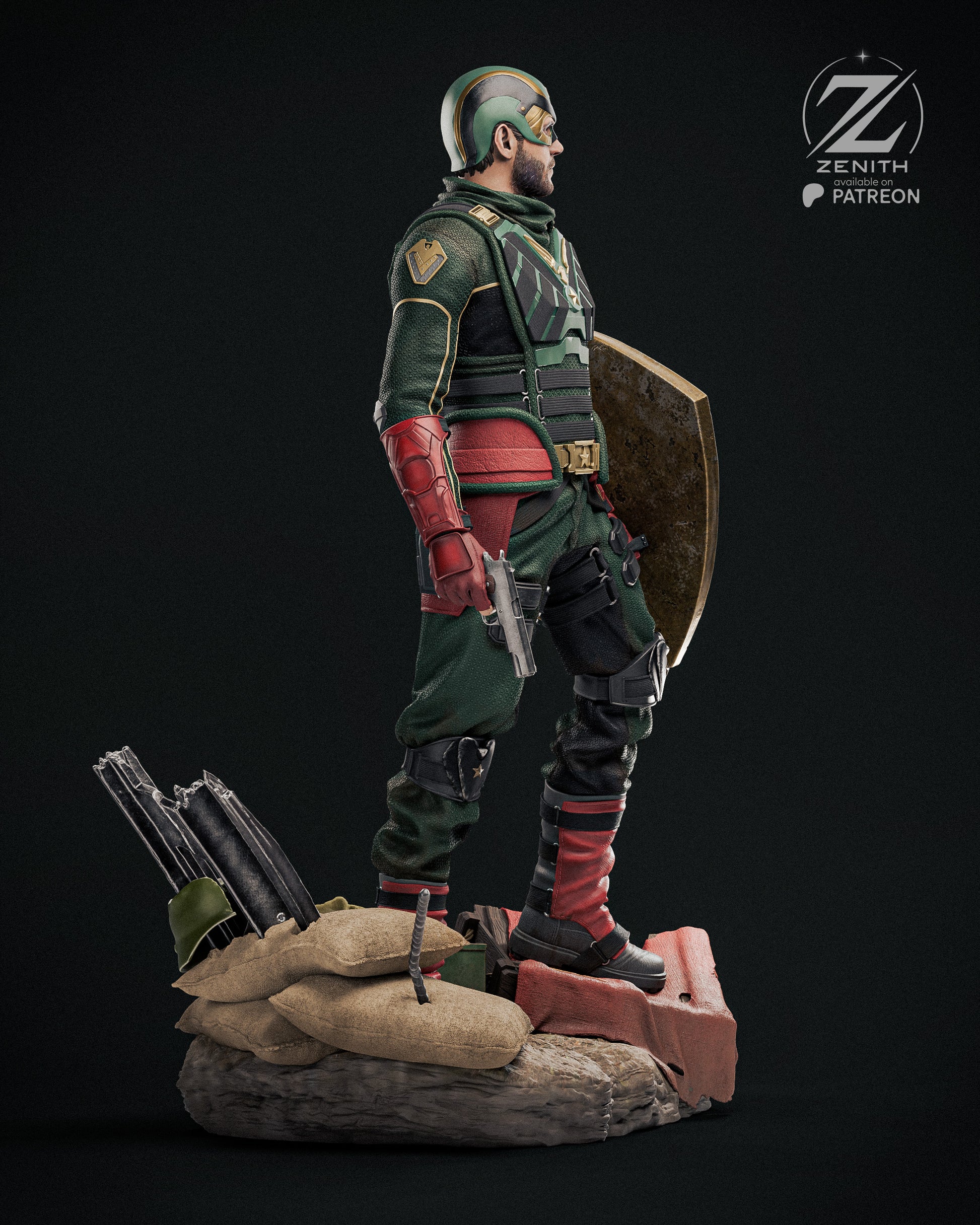 Statue of a warrior in green and red armor with a shield on a dark background, featuring the 'Zenith Patreon' logo.