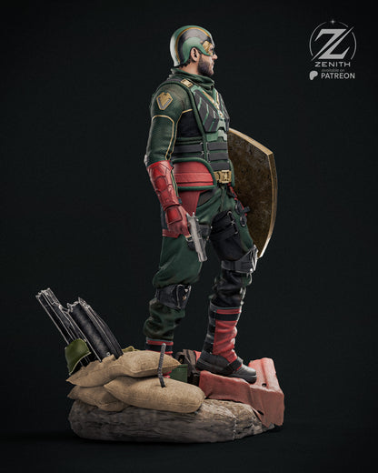 Statue of a warrior in green and red armor with a shield on a dark background, featuring the 'Zenith Patreon' logo.