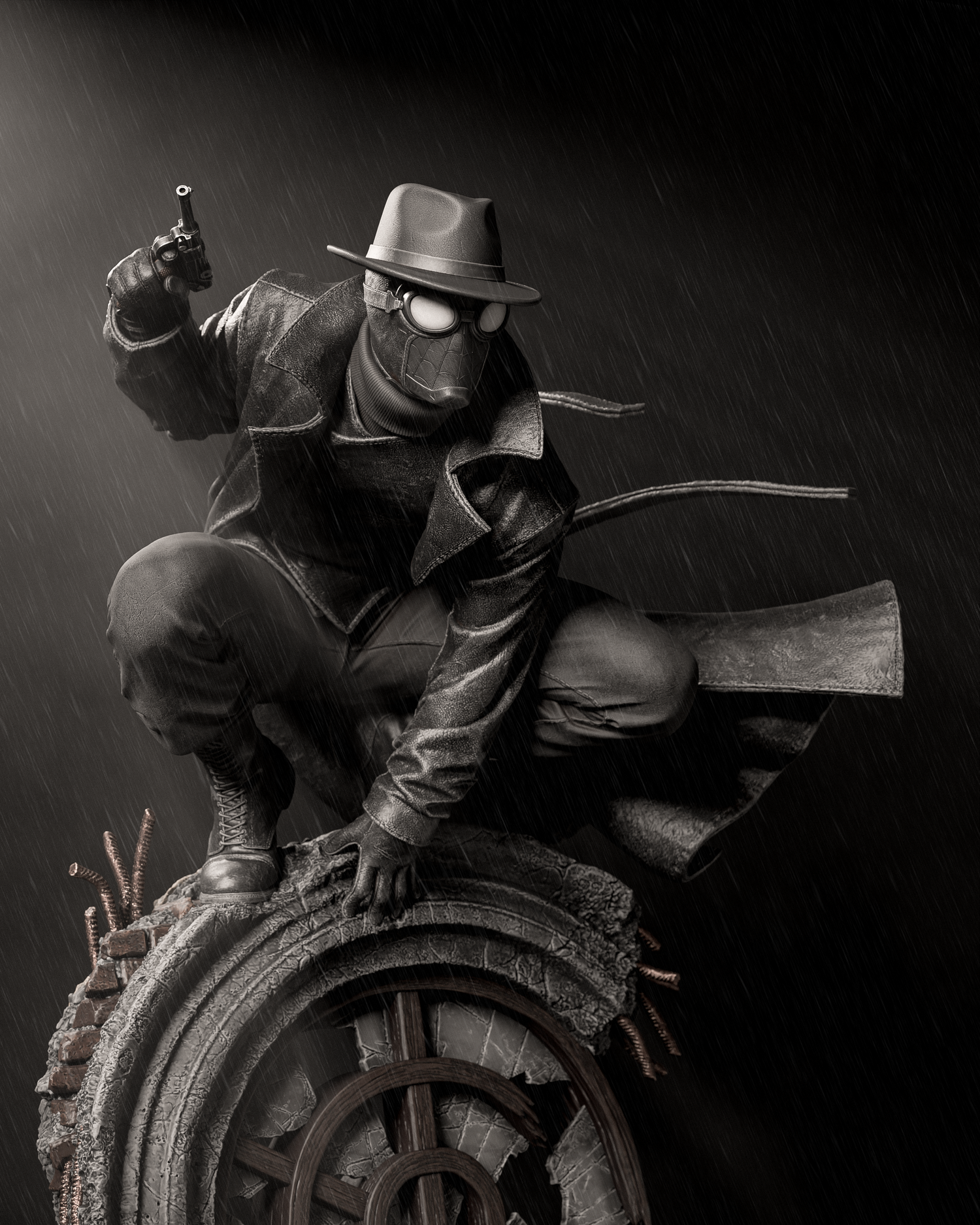 Statue of a masked figure with a gun on a dark background