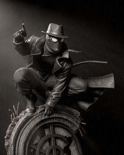 Statue of a masked figure with a gun on a dark background