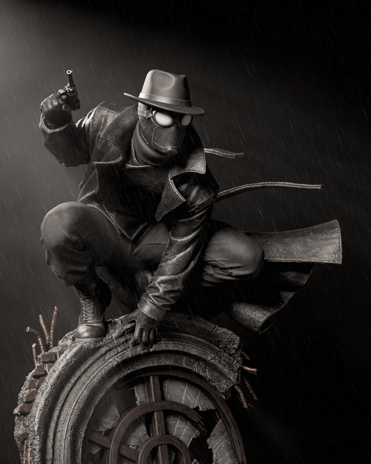 Statue of a masked figure with a gun on a dark background