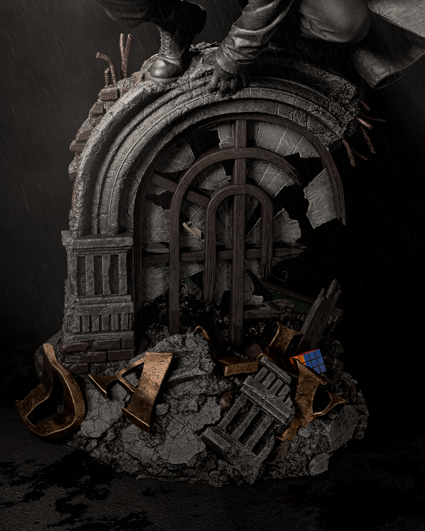Decorative stone archway with tools on a dark background