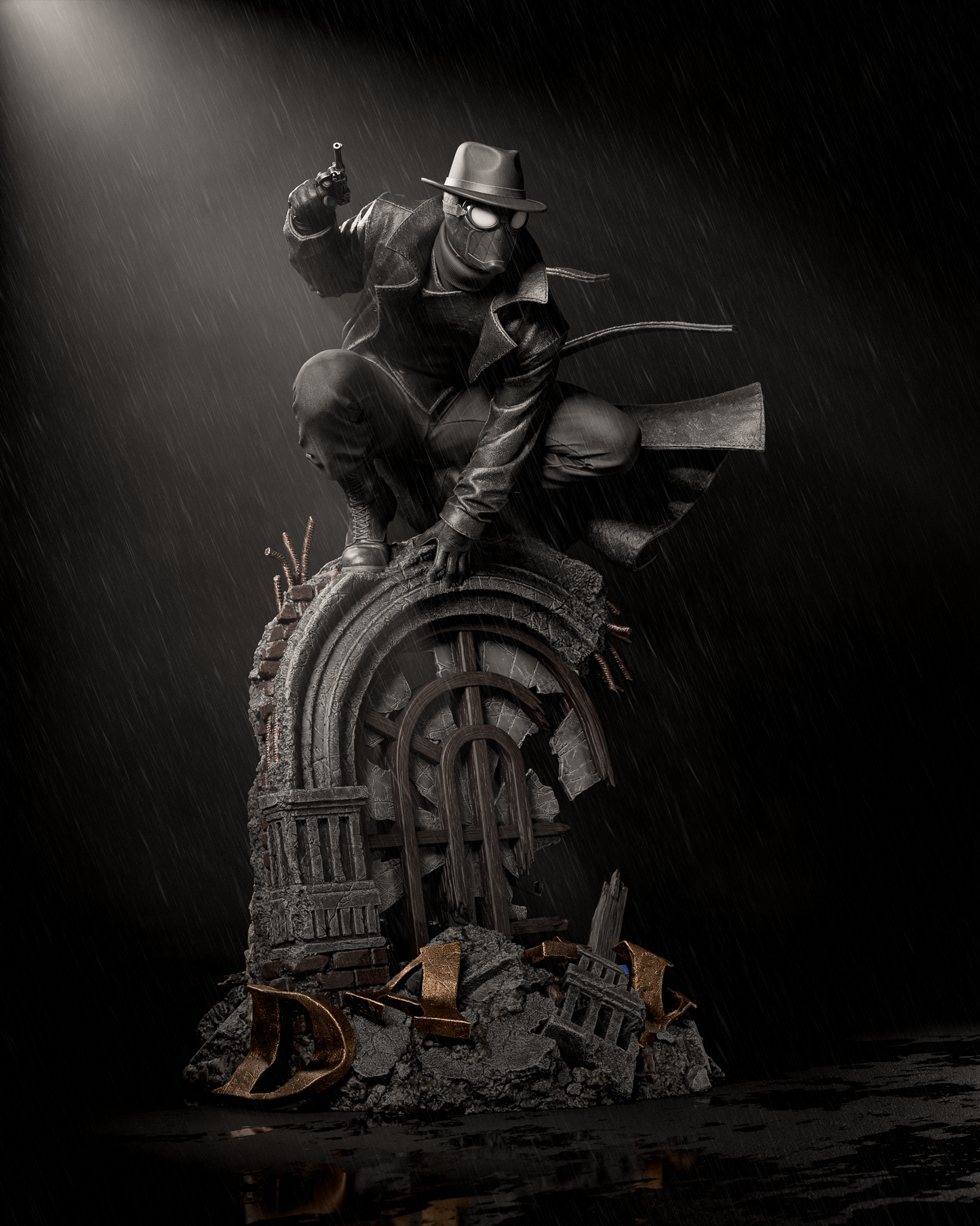 Statue of a figure in a hat and coat on a dark background