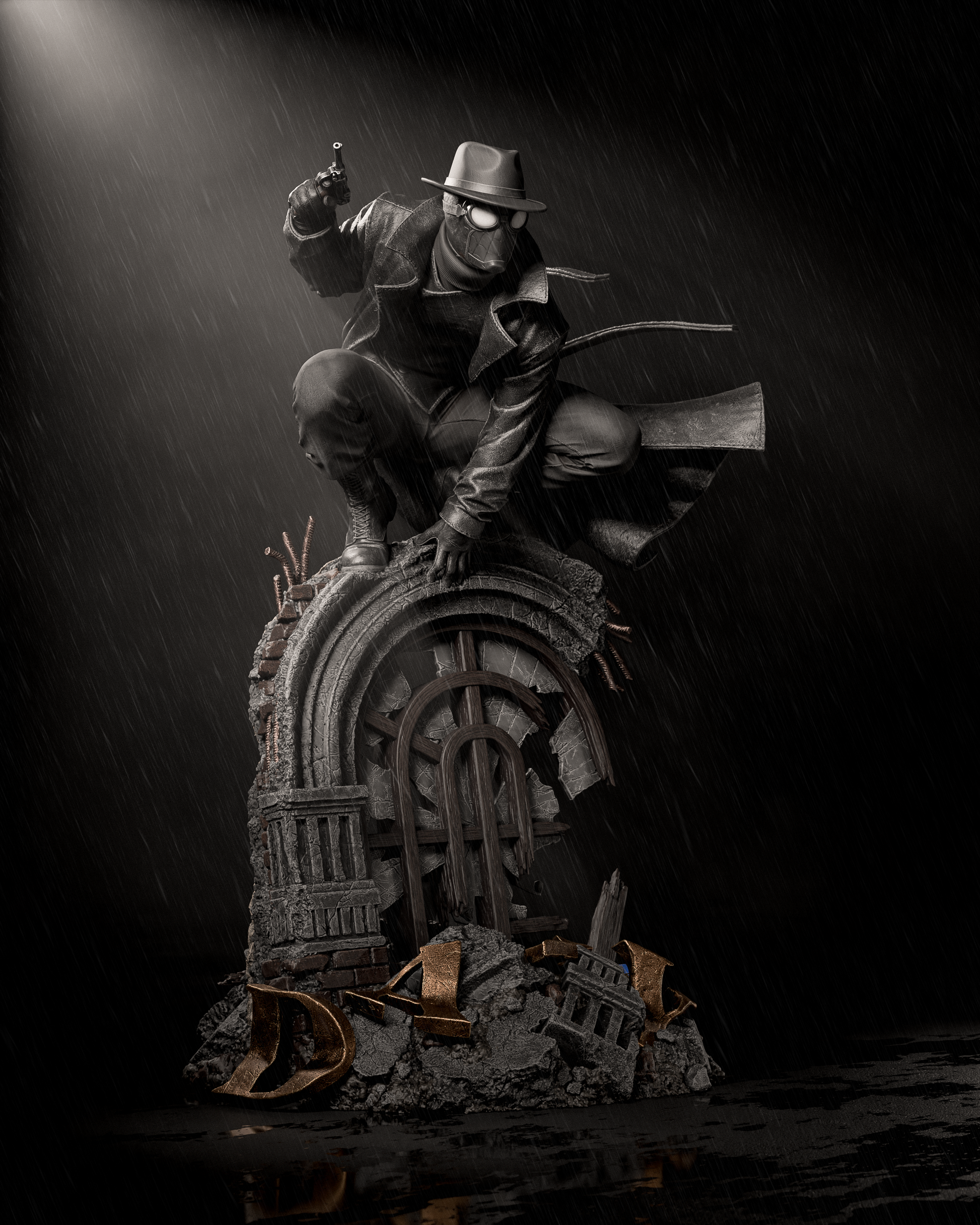 Statue of a figure in a hat and coat on a dark background