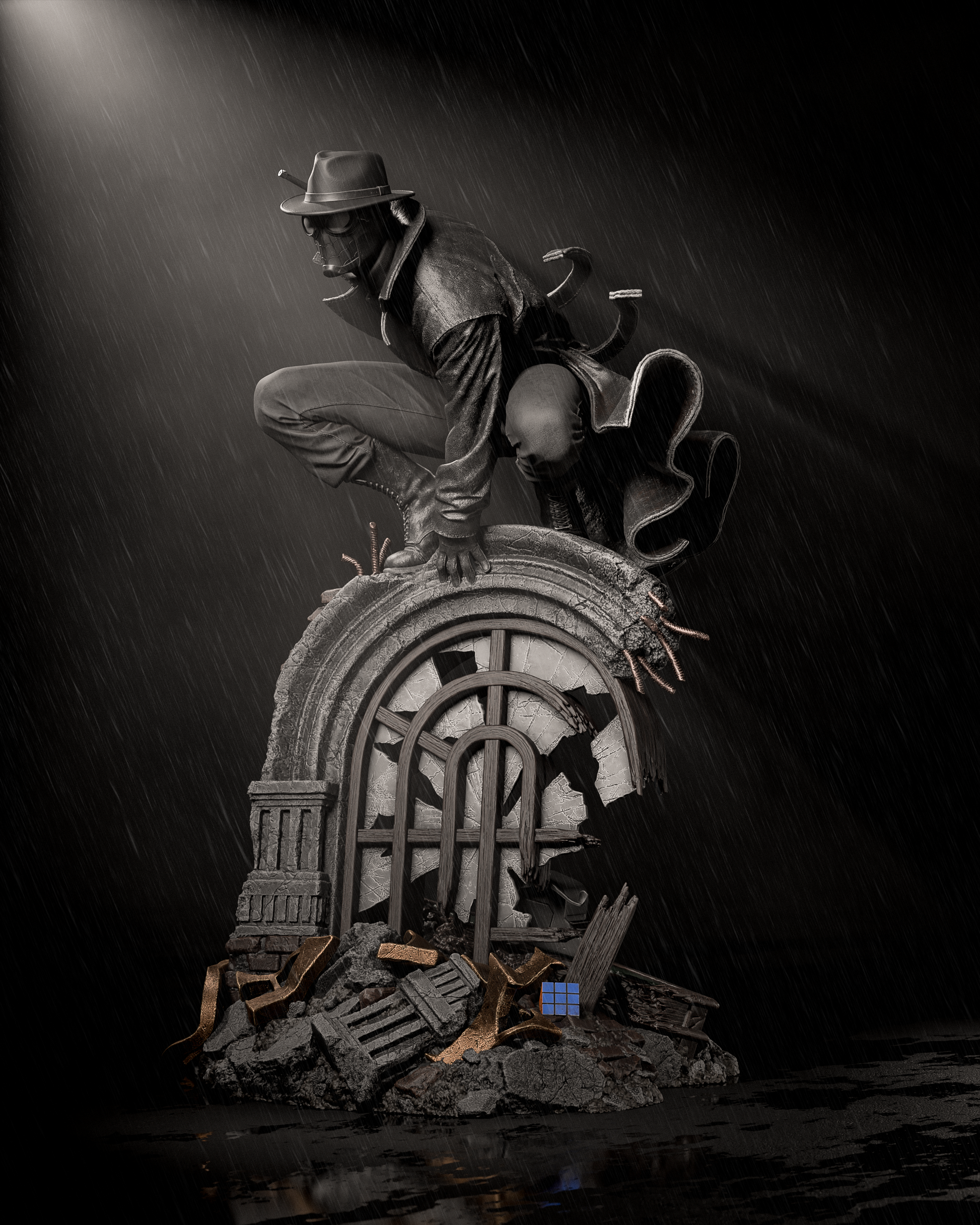 Statue of a super-hero in a superhero pose with a broken archway in the rain