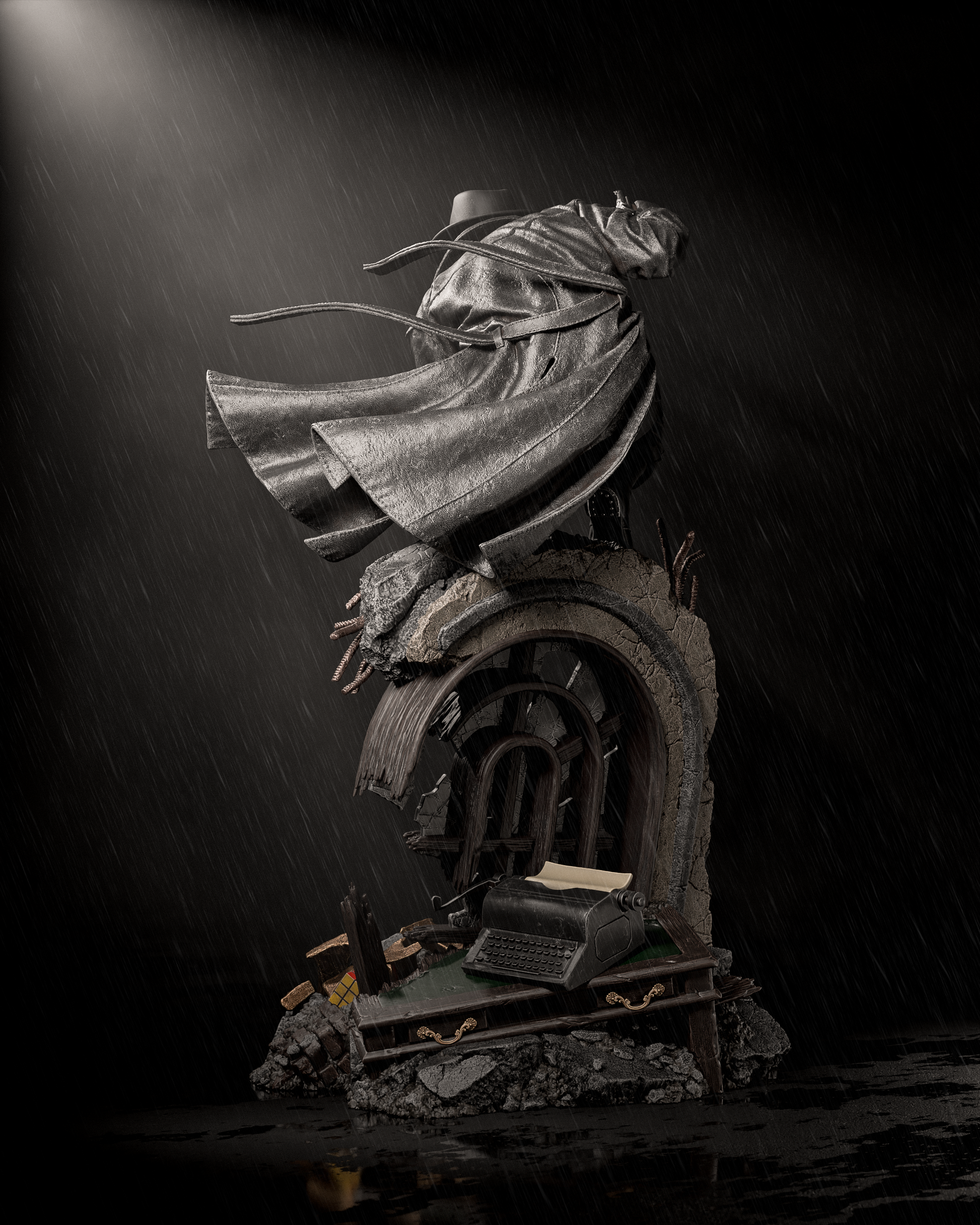 Dark fantasy sculpture of a figure with an old style hat with a long jacket against a dark background
