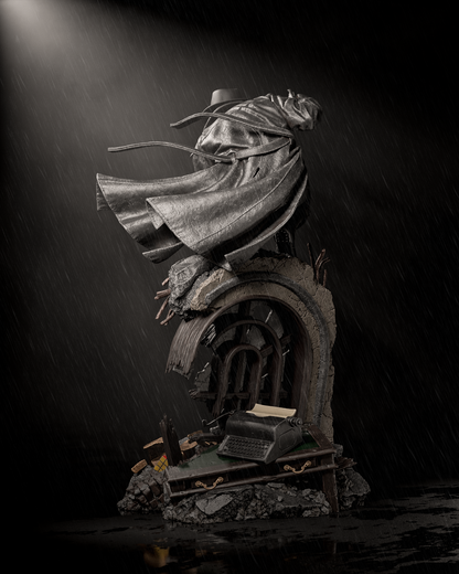 Dark fantasy sculpture of a figure with an old style hat with a long jacket against a dark background