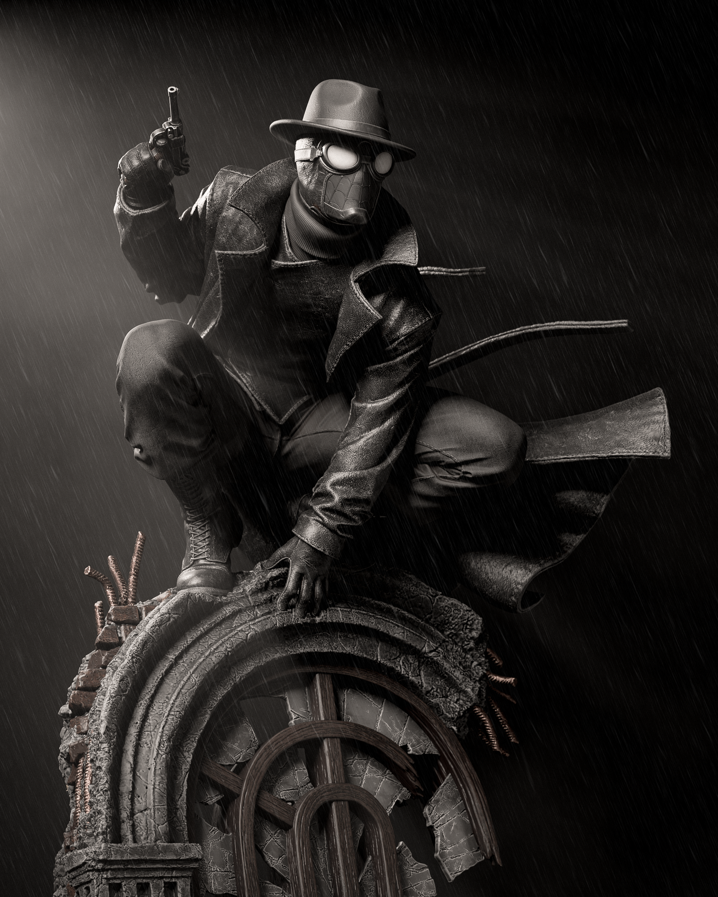 Stylized illustration of a masked figure with a gun on a dark background