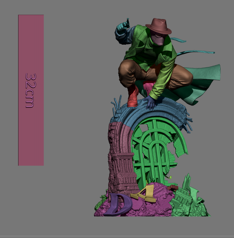Colorful figurine on a gray background with a measurement scale.