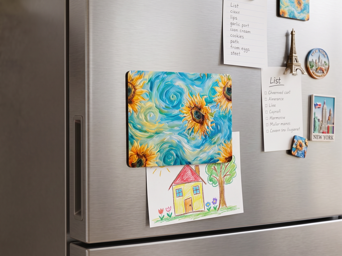 Sunflower Swirl Fridge Magnet | Van Gogh-Inspired Textured Art | Lasered Moon
