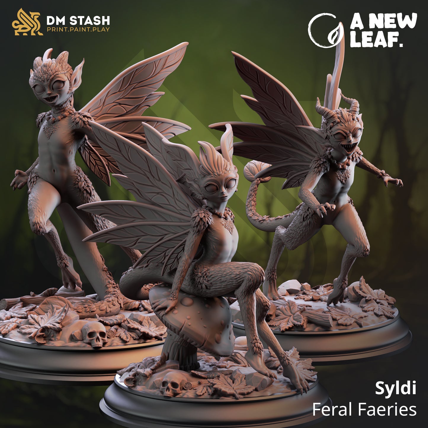 Three fantasy faerie figurines on a dark background with 'DM Stash' and 'A New Leaf' branding.