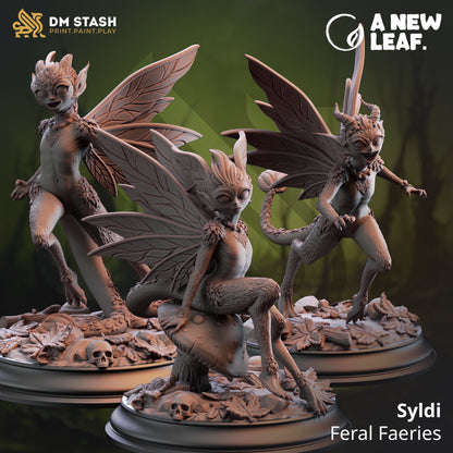 Three fantasy faerie figurines on a dark background with 'DM Stash' and 'A New Leaf' branding.