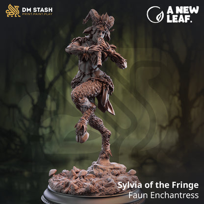 Statue of a faun enchanter named Sylvia of the Fringe with 'DM Stash' and 'A New Leaf' branding.