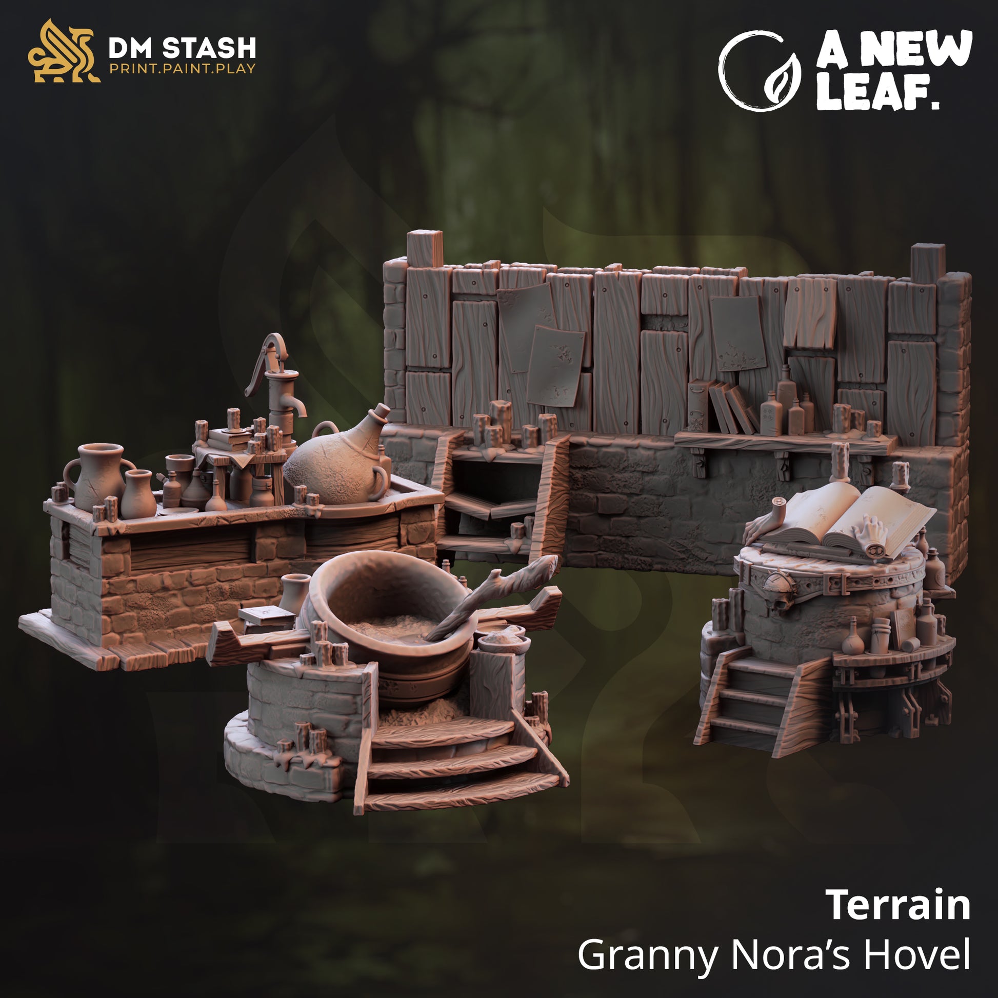 Model of a rustic hovel with various elements on a dark background, featuring 'DM Stash' and 'A New Leaf' logos.