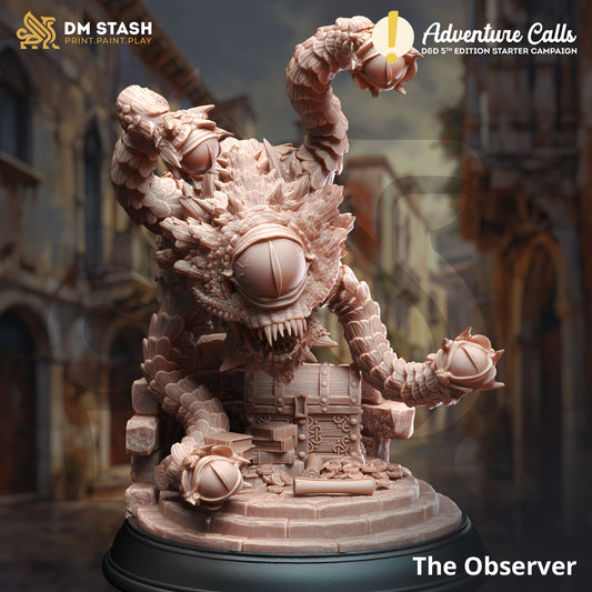 Monster figurine with 'DM Stash' and 'Adventure Calls' branding in a fantasy setting.