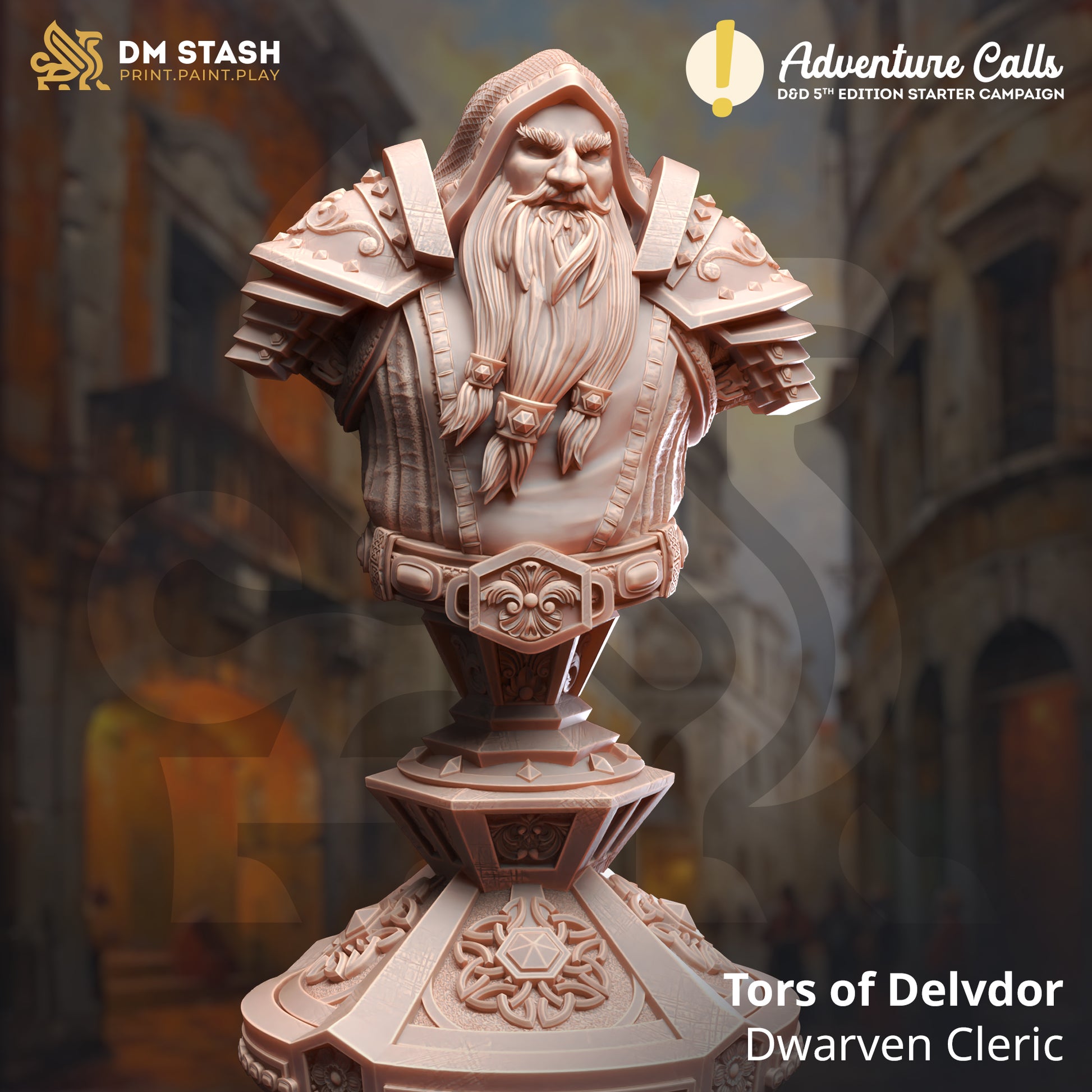 Wooden figurine of a dwarven cleric with 'DM Stash' and 'Adventure Calls' branding.