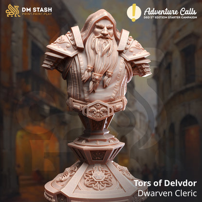 Wooden figurine of a dwarven cleric with 'DM Stash' and 'Adventure Calls' branding.