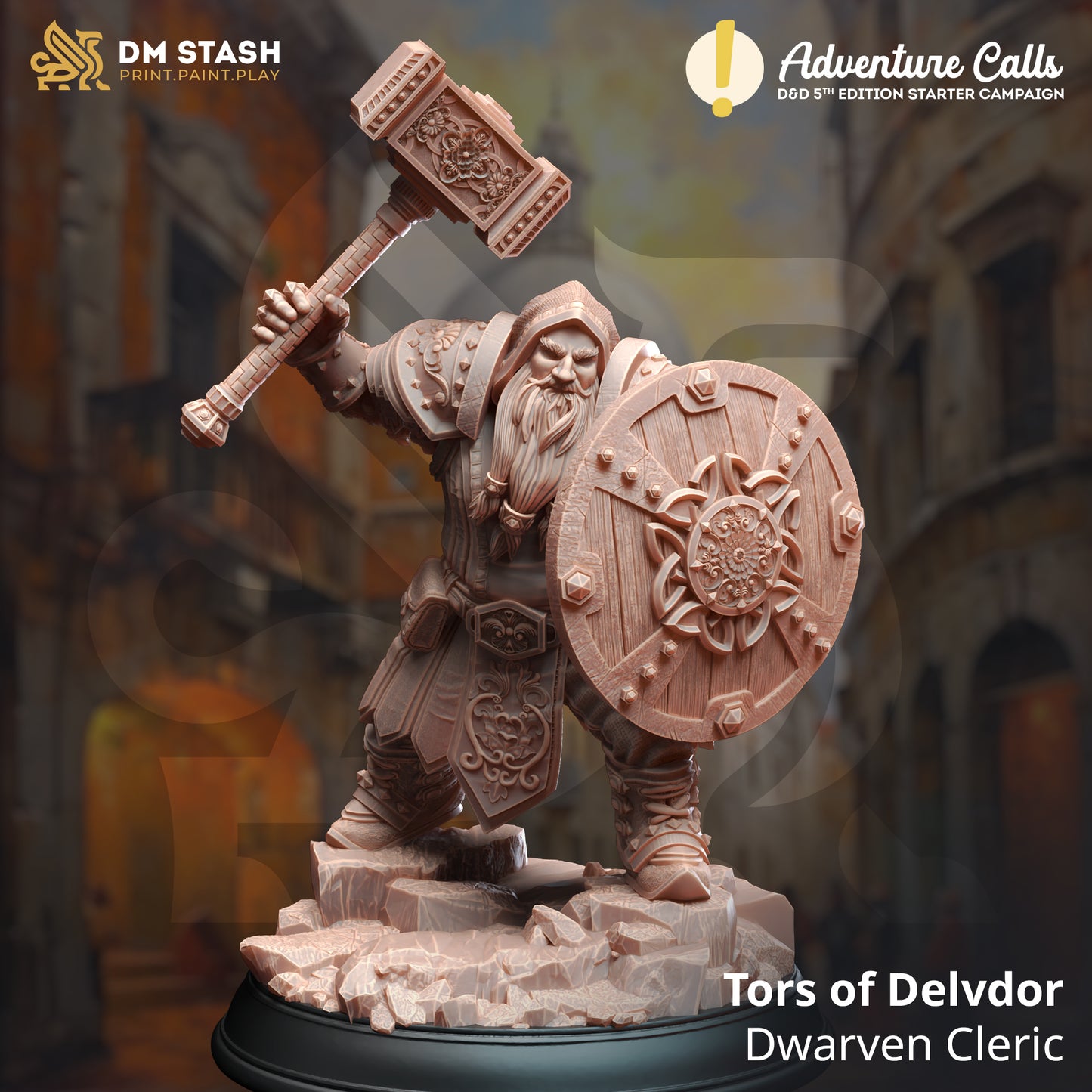 Wooden figurine of a dwarven cleric with a hammer and shield, branded 'DM Stash' and 'Adventure Calls'.