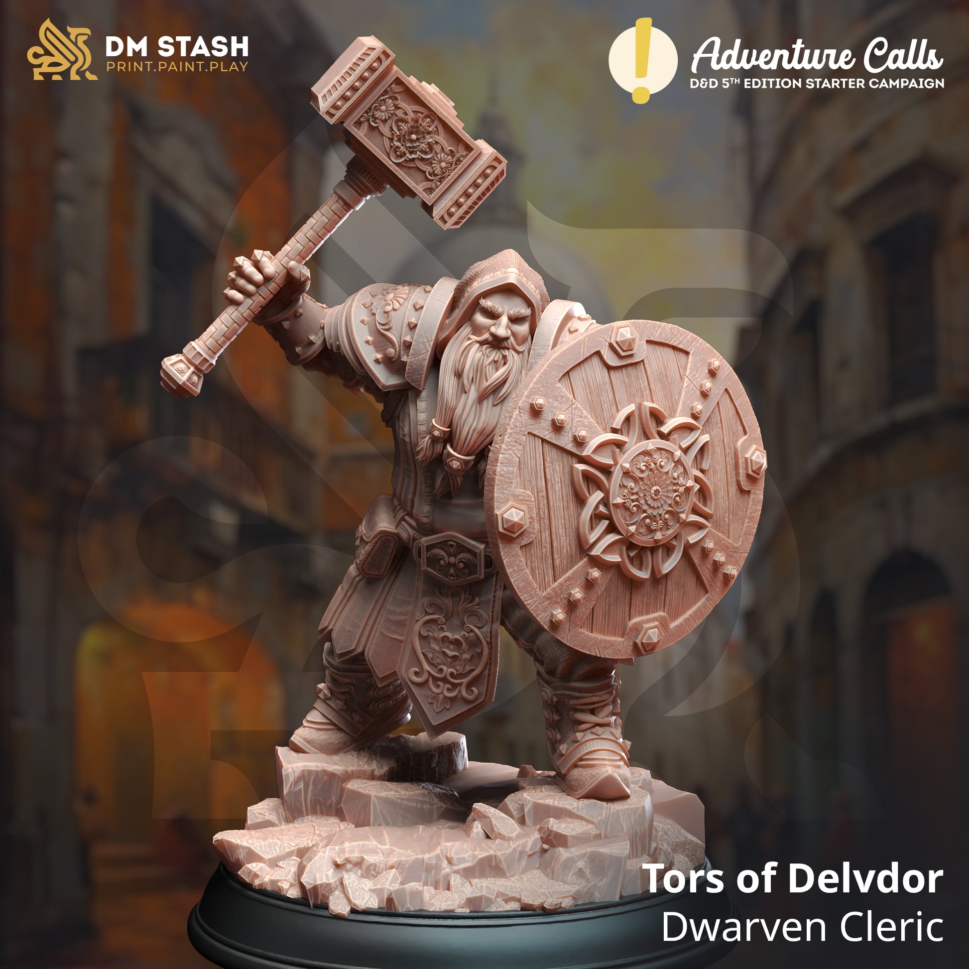 Wooden figurine of a dwarven cleric with a hammer and shield, branded 'DM Stash' and 'Adventure Calls'.