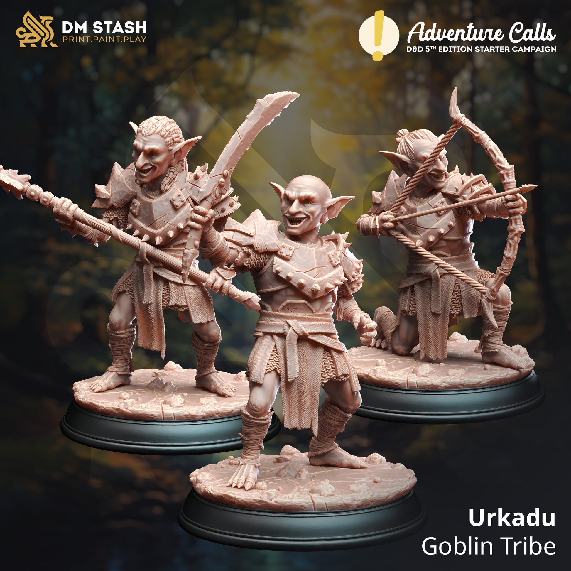 Three goblin figurines on stands with 'DM Stash' and 'Adventure Calls' branding.
