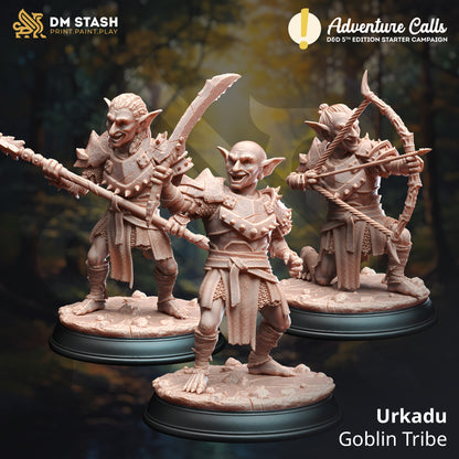 Three goblin figurines on stands with 'DM Stash' and 'Adventure Calls' branding.