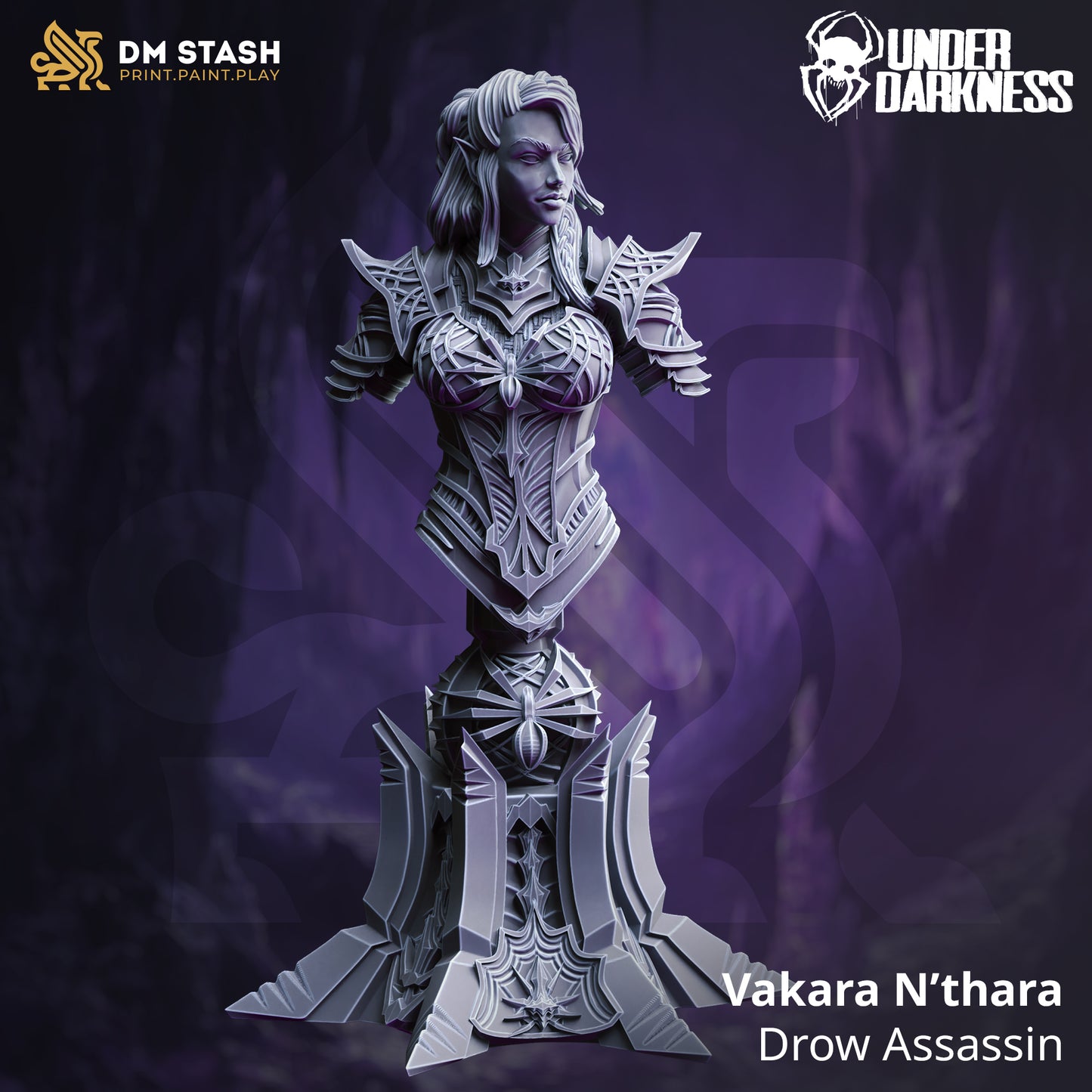 Fantasy figurine of a Drow Assassin named Vakara N'thara on a dark background with branding for DM Stash and Under Daughniss.