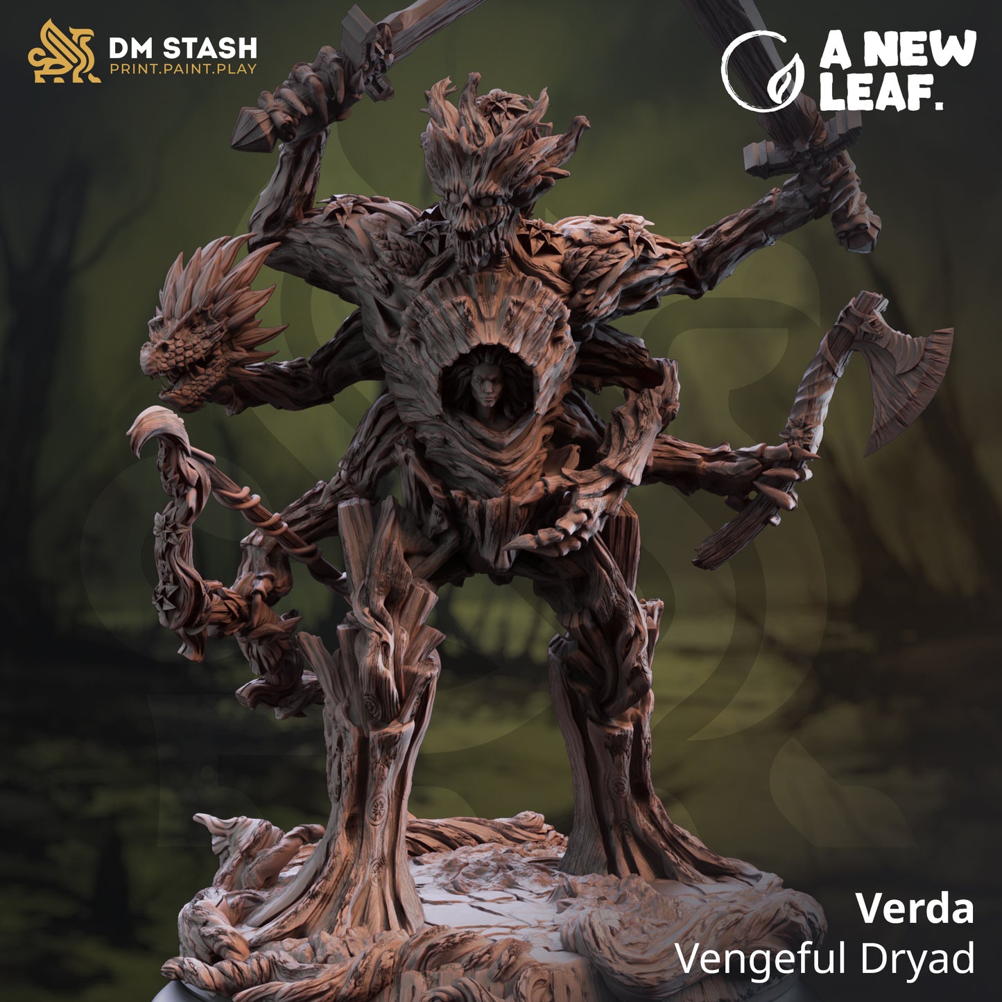 Wooden fantasy figure with axes on a dark background, featuring 'DM Stash' and 'A New Leaf' logos.