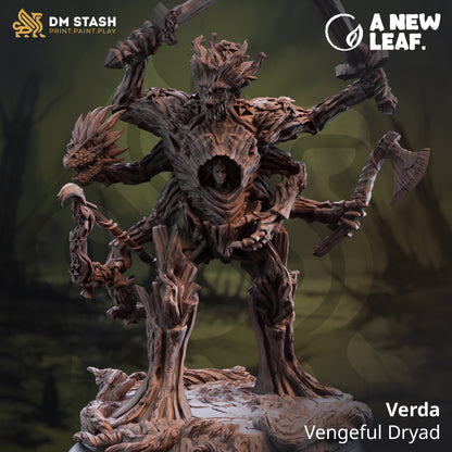 Wooden fantasy figure with axes on a dark background, featuring 'DM Stash' and 'A New Leaf' logos.