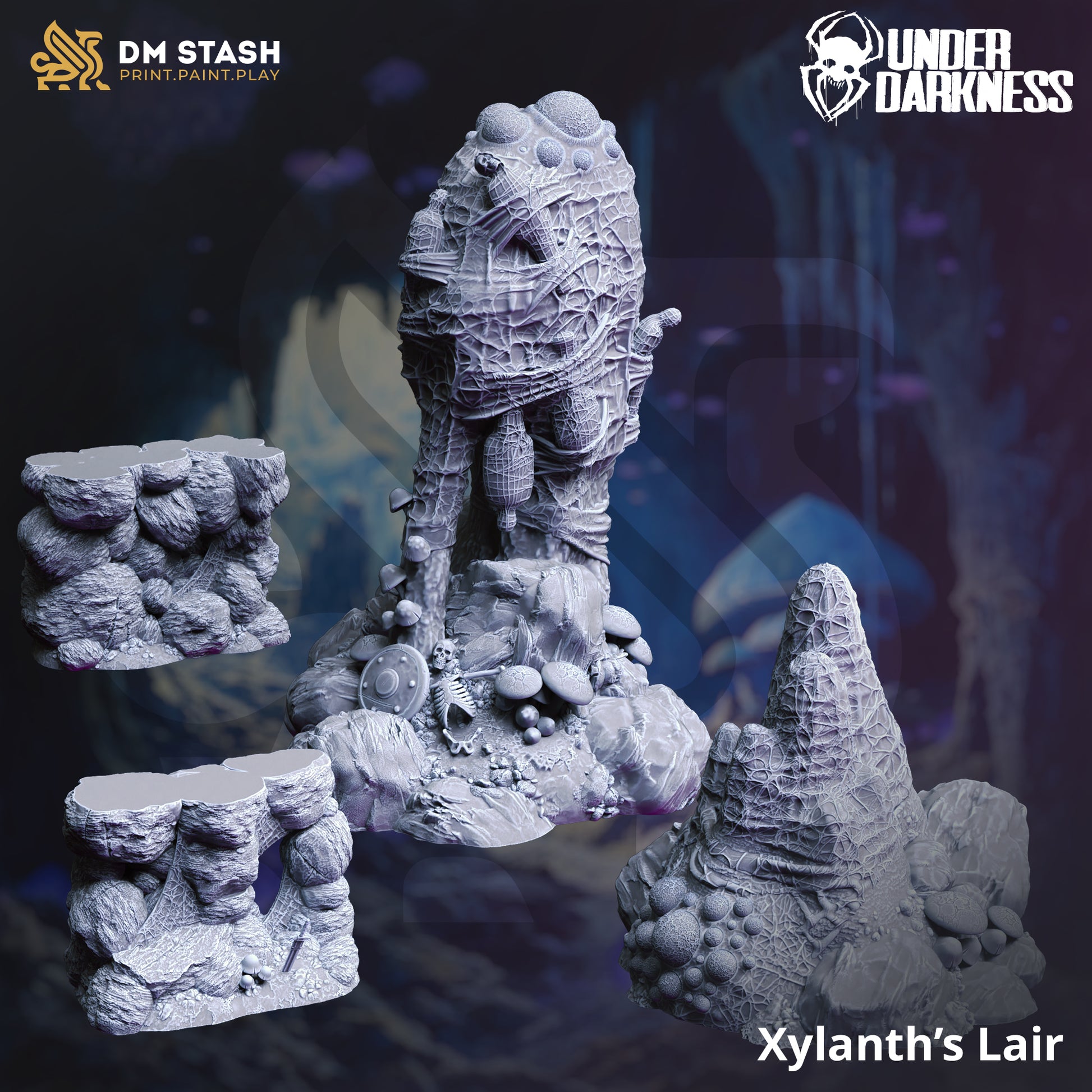 Minisculpture of a fantasy landscape with 'Xylanth's Lair' text, featuring DM Stash and Under Dahtarn logos.