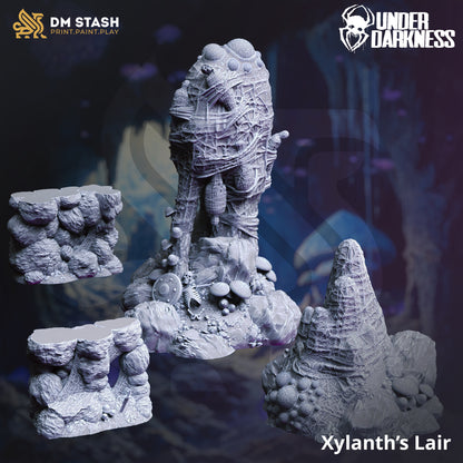 Minisculpture of a fantasy landscape with 'Xylanth's Lair' text, featuring DM Stash and Under Dahtarn logos.