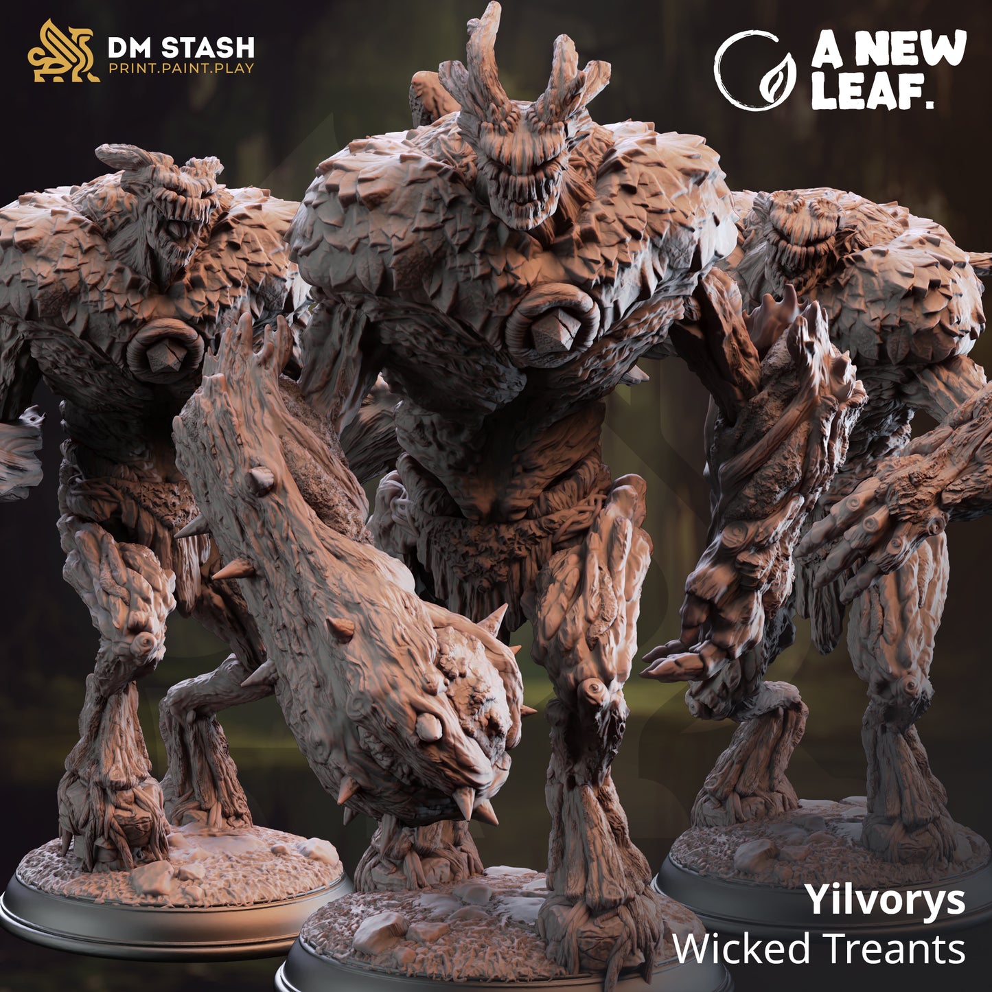Wooden fantasy creature model with 'DM Stash' and 'A New Leaf' branding.