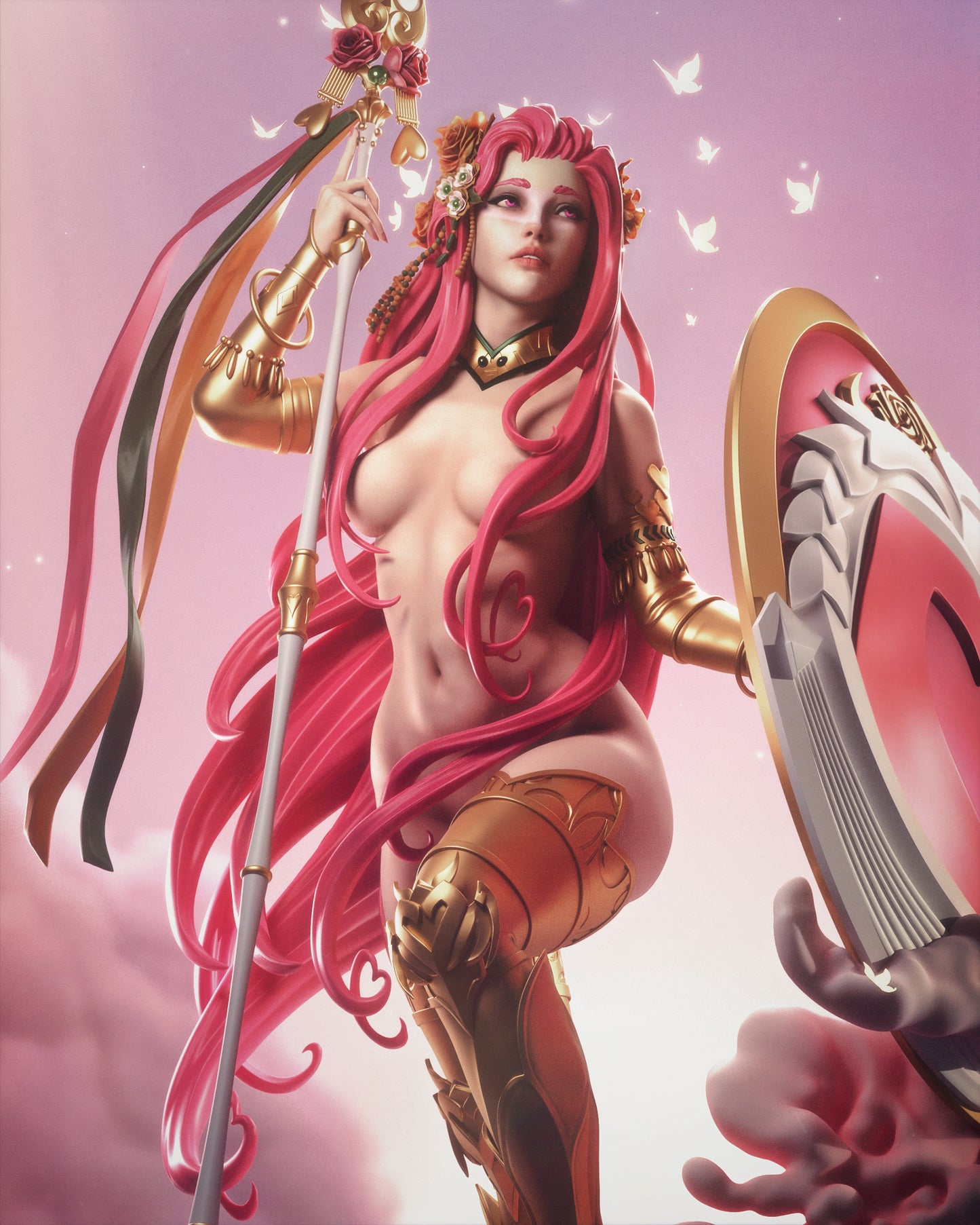 Aphrodite goddess of love Hades inspired 3D printed resin statue with flowing pink hair and shield