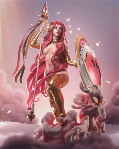 Aphrodite goddess of love Hades inspired 3D printed resin statue with flowing pink hair and shield
