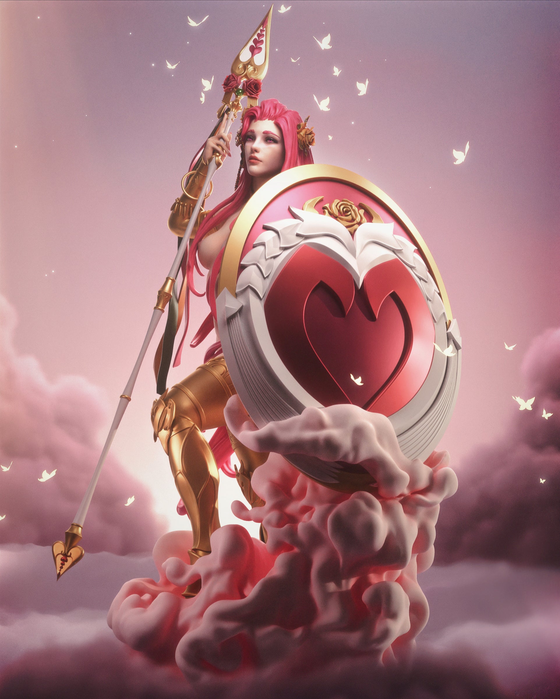 Aphrodite goddess of love Hades inspired 3D printed resin statue with flowing pink hair and shield