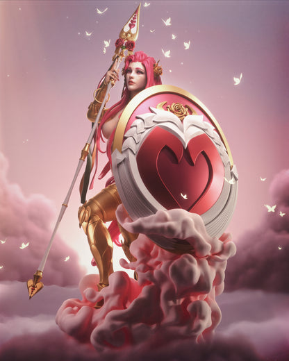 Aphrodite goddess of love Hades inspired 3D printed resin statue with flowing pink hair and shield
