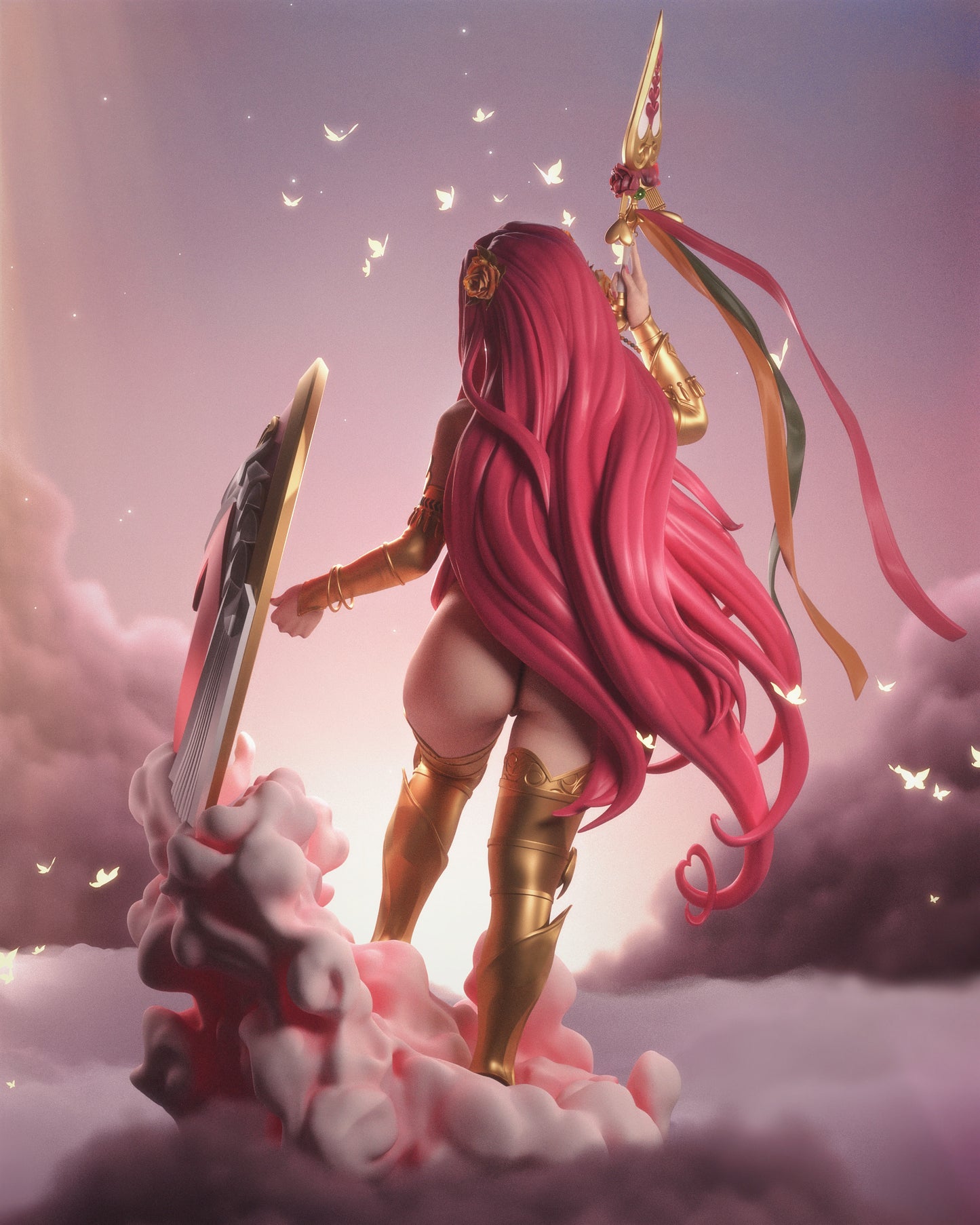 Aphrodite goddess of love Hades inspired 3D printed resin statue with flowing pink hair and shield