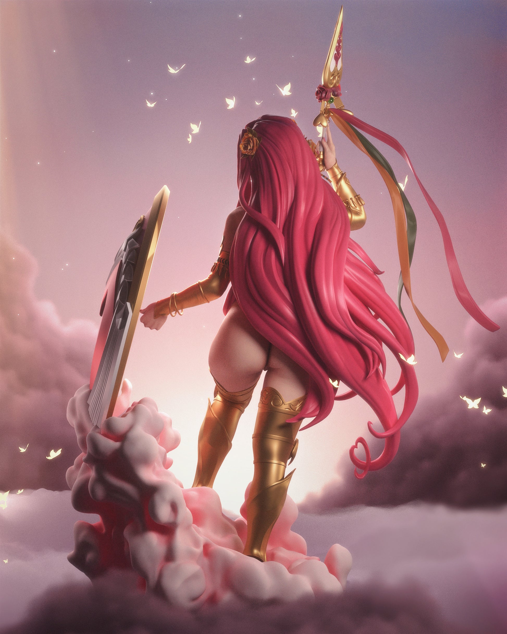 Aphrodite goddess of love Hades inspired 3D printed resin statue with flowing pink hair and shield