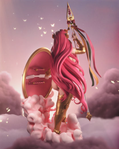 Aphrodite goddess of love Hades inspired 3D printed resin statue with flowing pink hair and shield