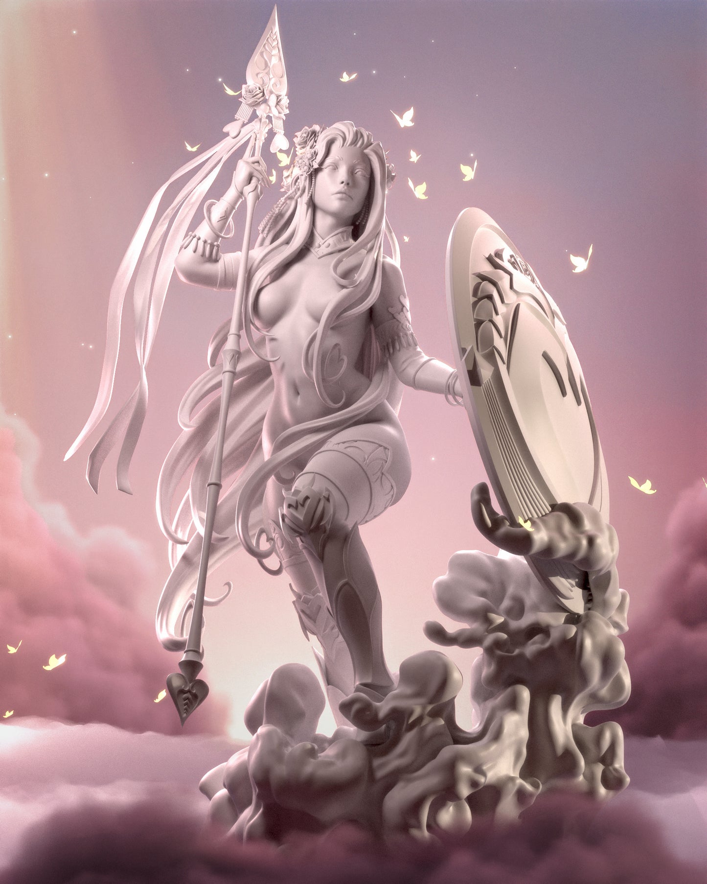 Aphrodite goddess of love Hades inspired 3D printed resin statue with flowing pink hair and shield