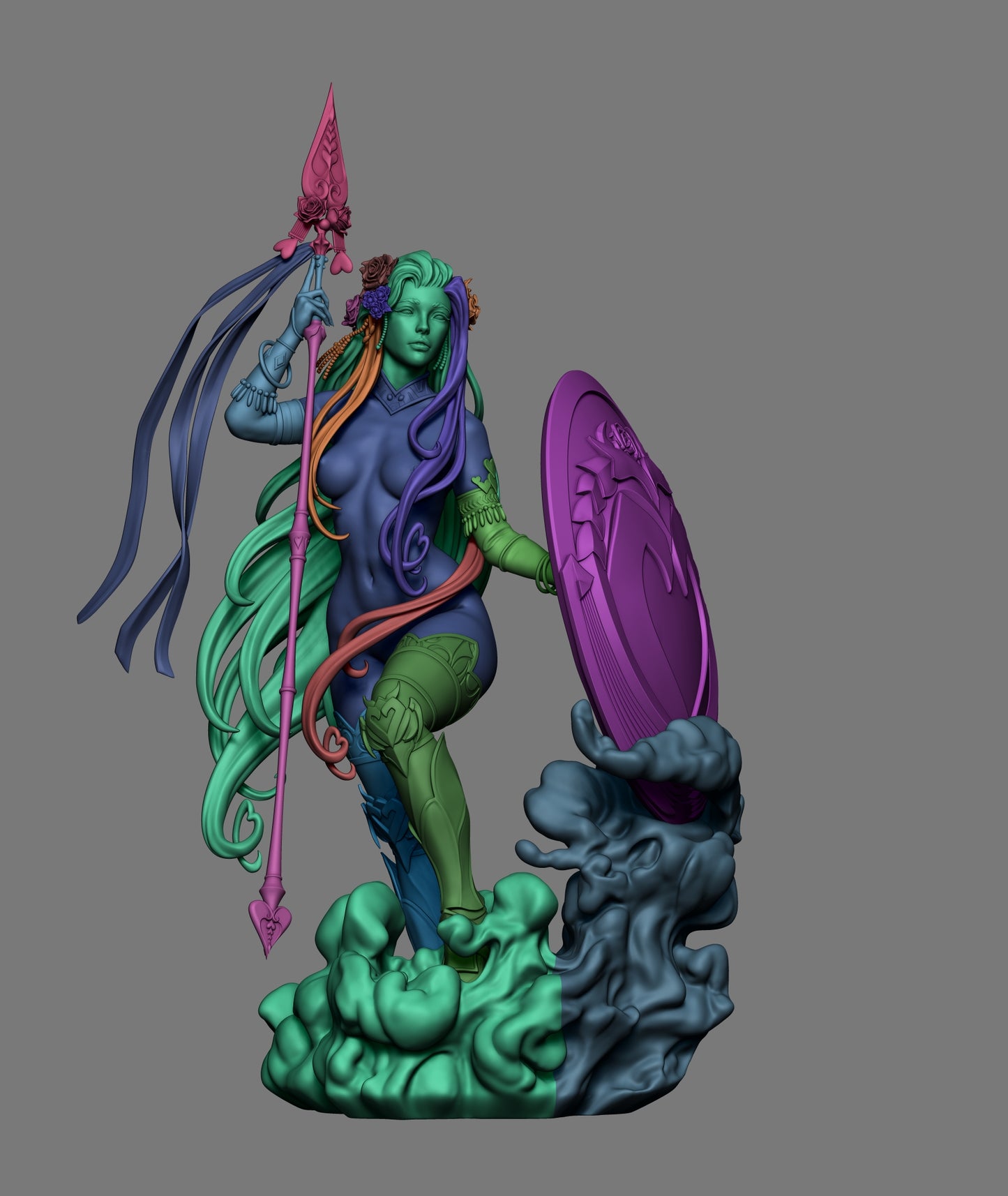 Aphrodite goddess of love Hades inspired 3D printed resin statue with flowing pink hair and shield