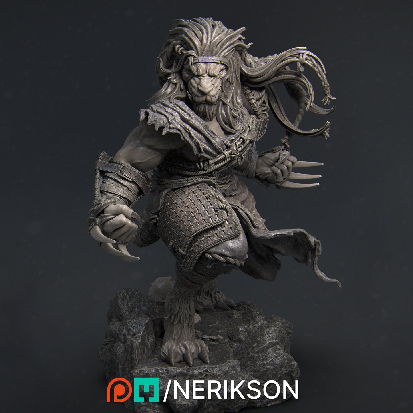 Statue of a warrior with lion-like features on a dark background.